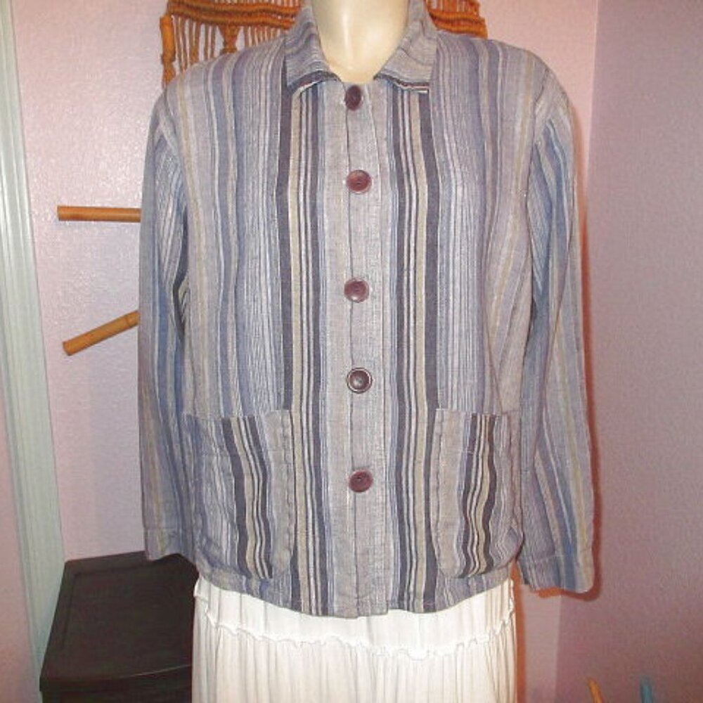 Flax Jacket Womens S P Boxy Pockets Linen Button Up Long Sleeves Oversized Crop